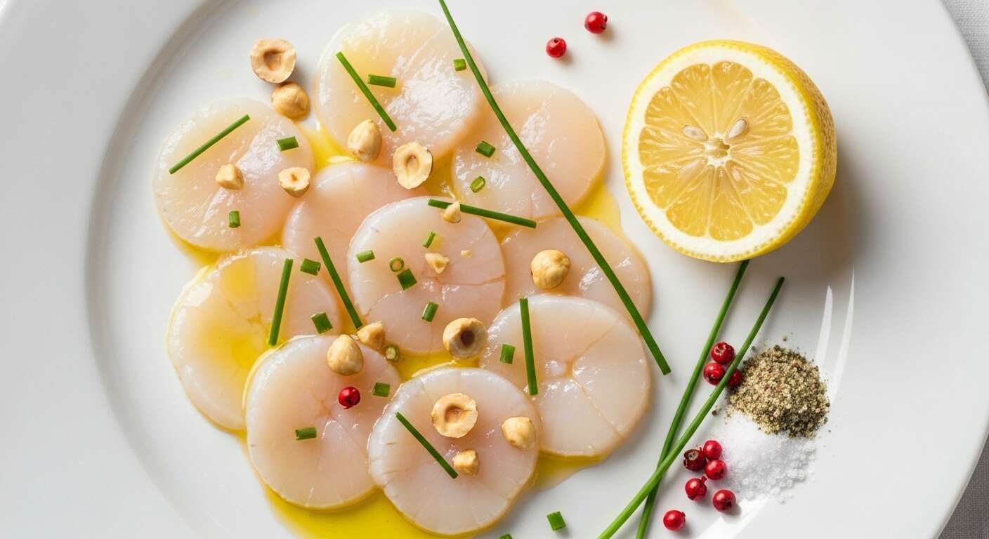 Le secret d'un bon "carpaccio" de St-Jacques, c'est un filet d'huile de noisette