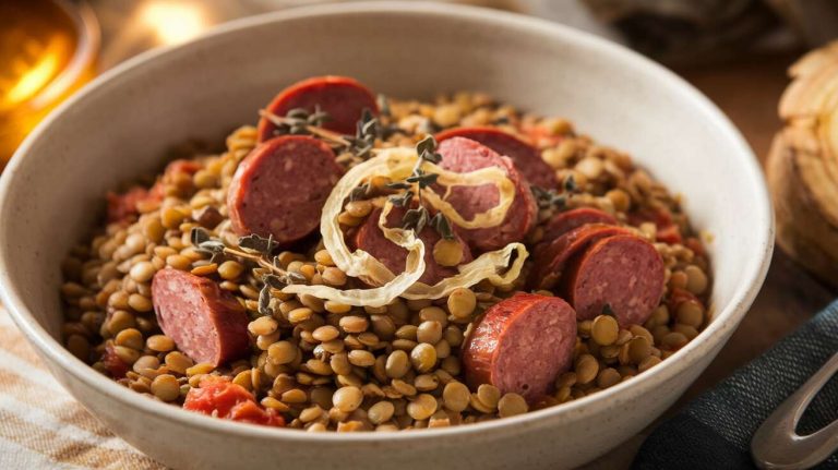 « Ce plat de lentilles saucisses est mon plat réconfortant de l&rsquo;automne, et il ne me coûte que 2 euros par personne »