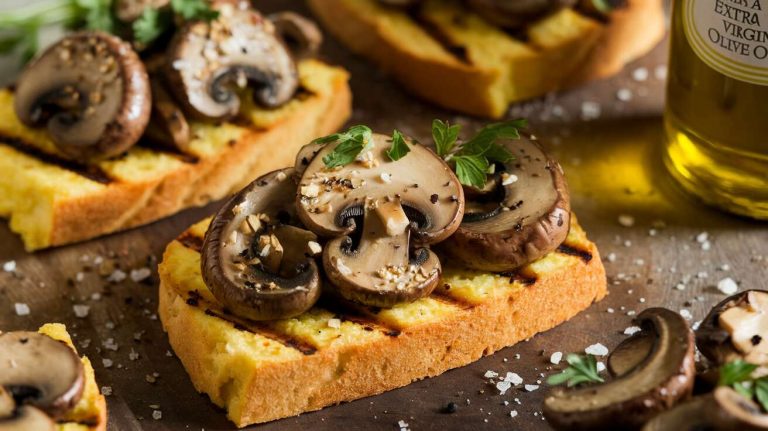 Un apéritif de saison ? Ces crostinis de polenta grillée avec une poêlée de champignons des bois