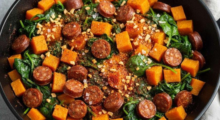 Un plat unique en 25 minutes ? Cette poêlée de patates douces, chorizo et épinards