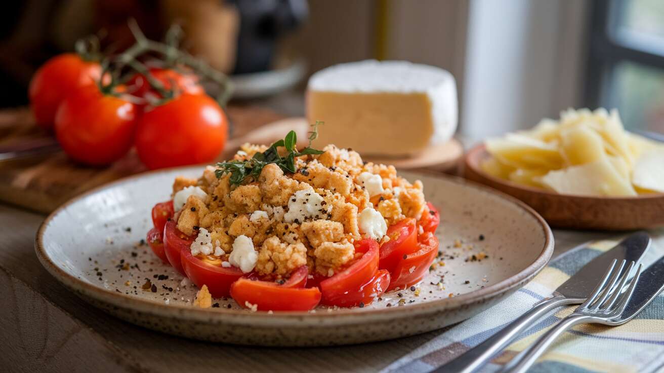 « Cette recette de « crumble » de tomates et de chèvre est une entrée chaude simple et délicieuse »