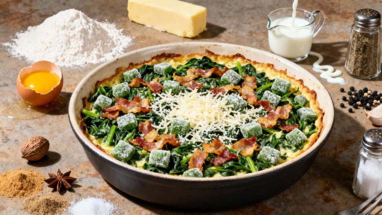 Gratin d'épinards aux lardons et œufs : recette facile et savoureuse