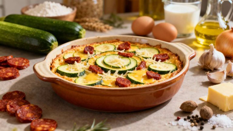Clafoutis salé : courgette, chorizo et parmesan