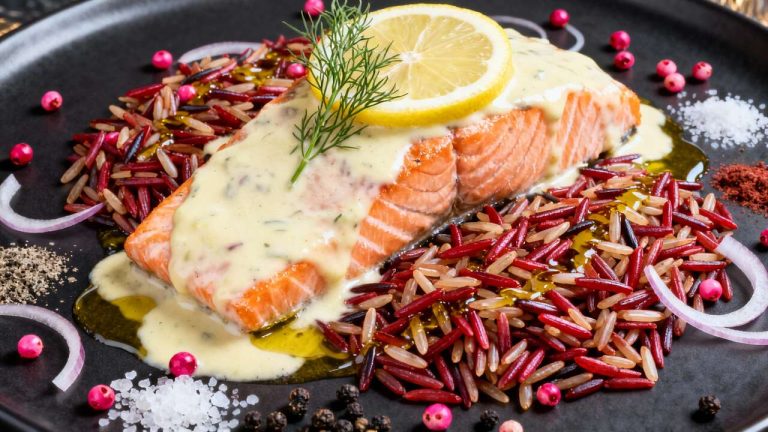 Filet de saumon : sauce légère au citron et riz mélangé
