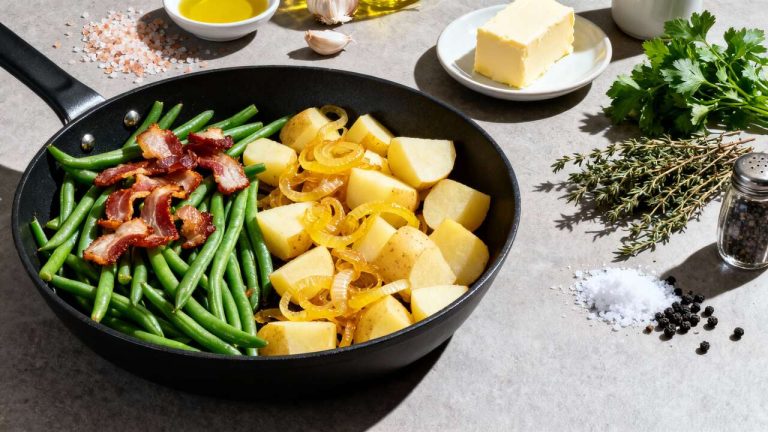 Poêlée de haricots plats, pommes de terre, oignons et lardons