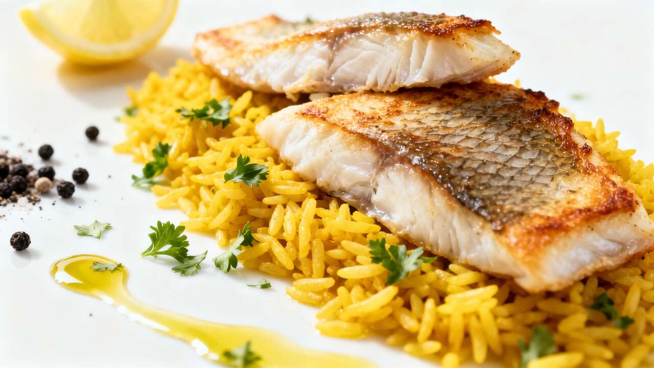 Filets d'églefin poêlés : recette avec riz au curcuma