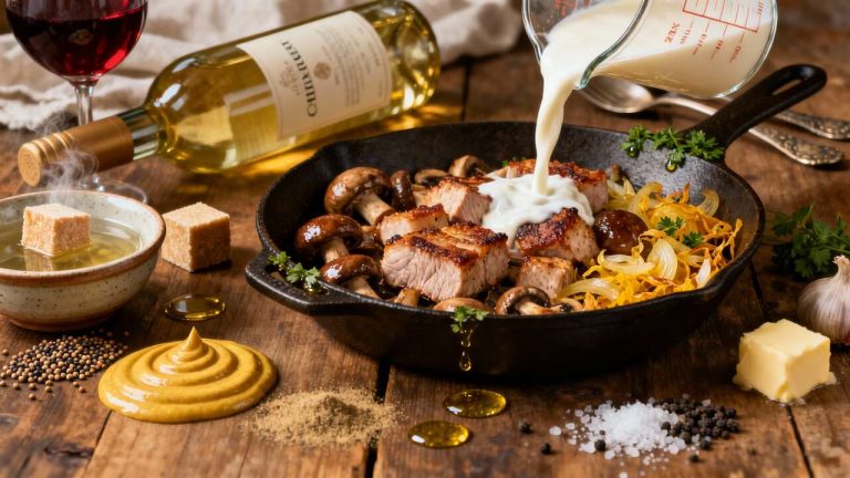 Sauté de porc à la moutarde et champignons