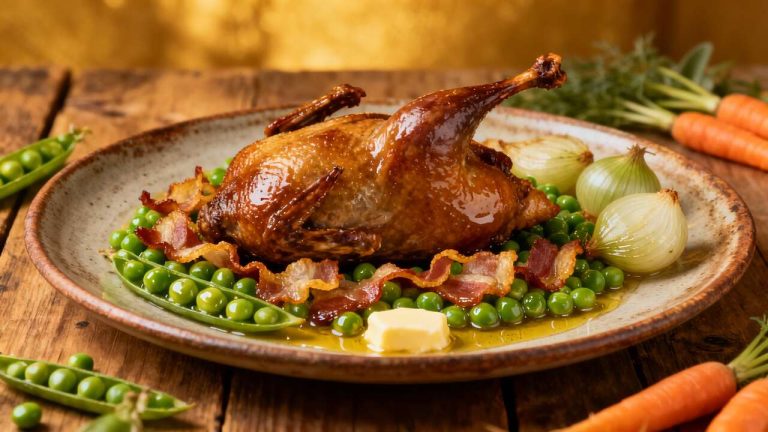 Pigeonneau aux lardons et petits pois : recette savoureuse